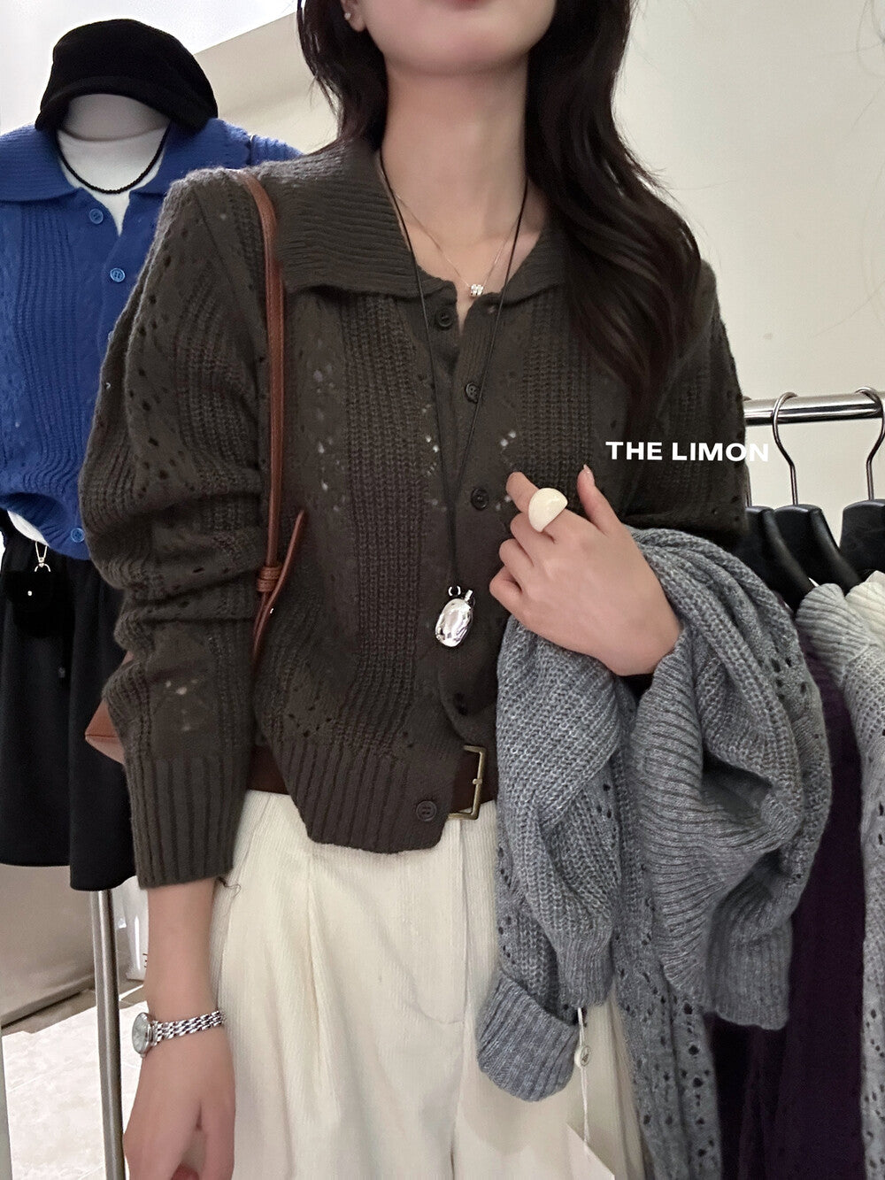 【LSC1072】檸檬簍空polo領針織開衫251117