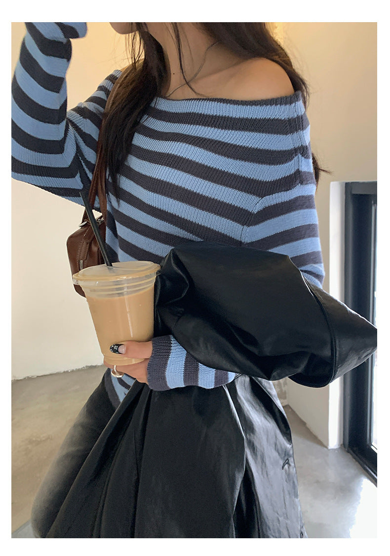 【H5399】實拍韓系簡約氣質一字領露肩針織衫250902