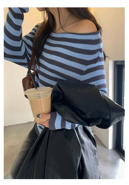 【H5399】實拍韓系簡約氣質一字領露肩針織衫250902