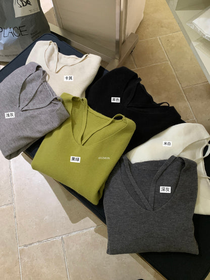 【L8368】實拍檸檬簡約羊毛羊絨喇叭袖長袖針織衫251117