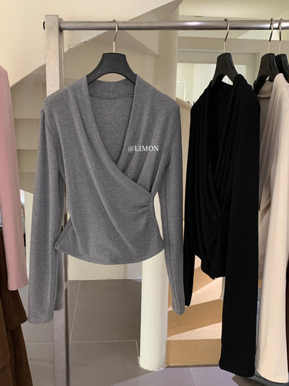 【L9312】檸檬法式簡約交叉羊絨薄绒V領長袖T恤251117