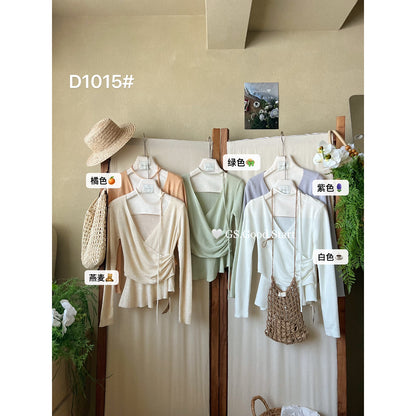 【LD1015】法式優雅氣質🌸浪漫荷葉邊V領長袖針織衫(附飄帶)260323