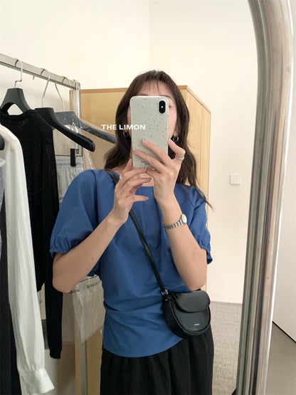 【LTM1057】實拍檸檬夏法式褶皺棉麻後背綁帶襯衫250519