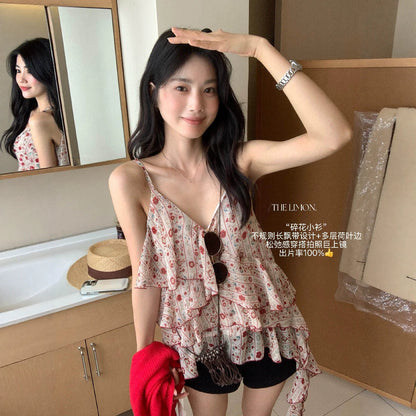 【L10658】復古甜美少女感🎀浪漫碎花飄帶荷葉邊無袖細肩帶背心上衣260518