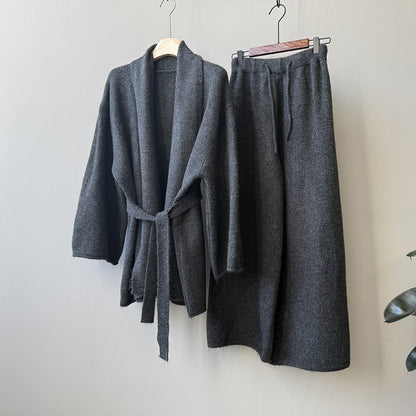 【YP1018】 實拍秋冬高級感慵懶針織開衫＋繫帶＋高腰針織闊腿褲 套裝251023