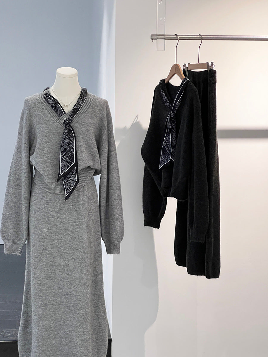 【cim823】實拍韓系軟糯短版針織毛衣+絲巾+針織長裙251030