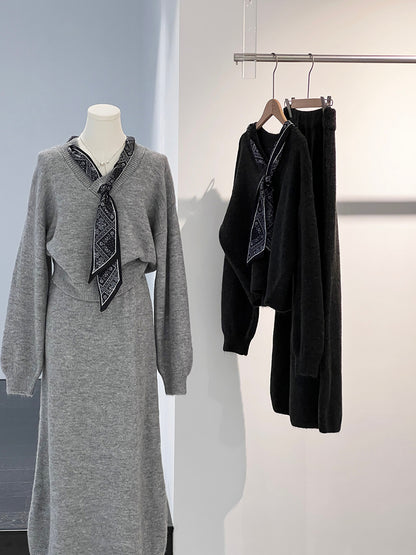 【cim823】實拍韓系軟糯短版針織毛衣+絲巾+針織長裙251030