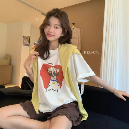 【L10358】童趣可愛減齡🐶韓系復古斑點狗卡通印花寬鬆短袖T恤260428