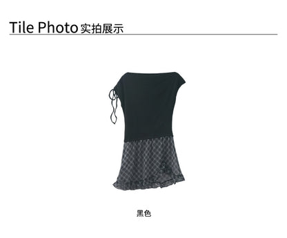 【H5364】實拍網紗拼接綁帶斜肩洋裝250708