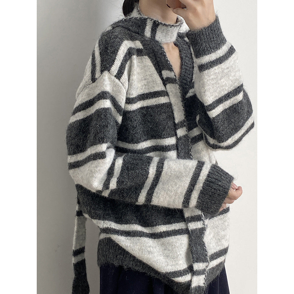 【Y25109】 實拍慵懶條紋V領毛衣＋圍巾(含羊毛3%) 251023