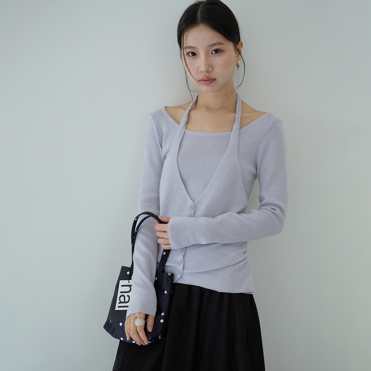 【LD11170】實拍韓系純慾微性感✨淡紫掛脖假兩件收腰顯瘦長袖針織衫260317