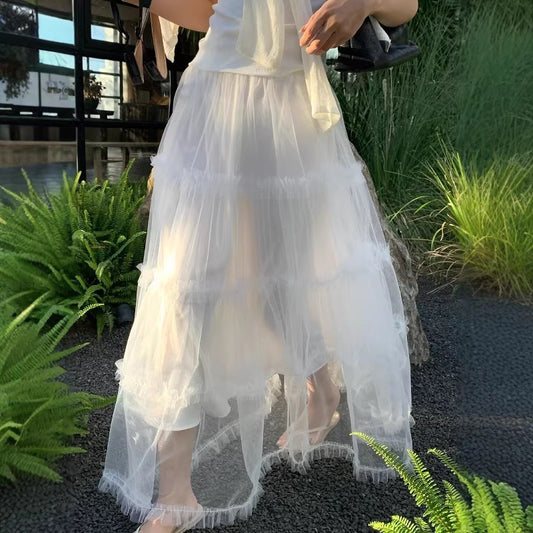 【L10316】實拍檸檬春夏溫柔仙女系🕊️浪漫層次網紗拼接高腰A字長裙260318