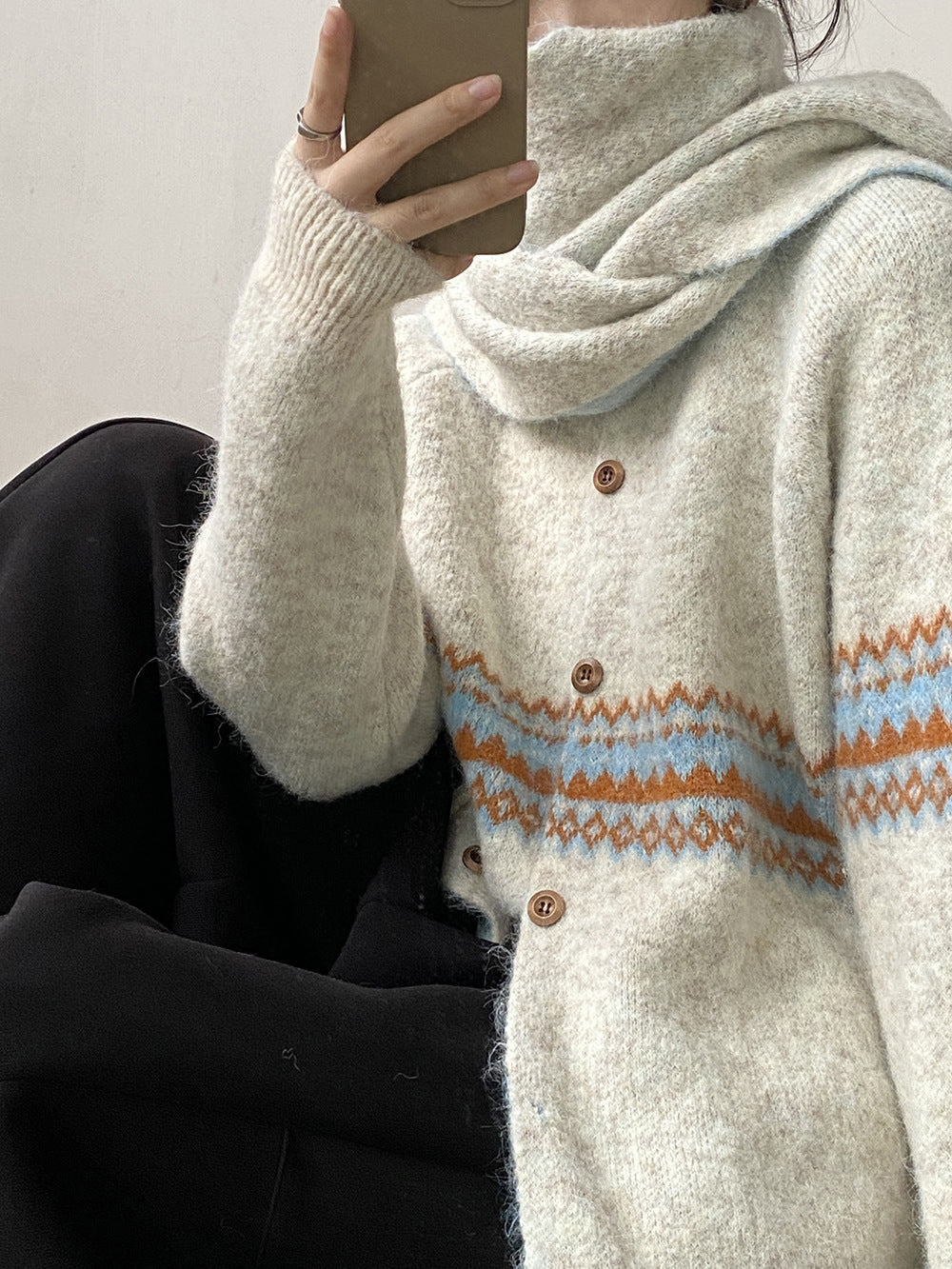 【YP6106】 實拍費爾島提花針織外套＋圍巾(含羊毛3%) 251023