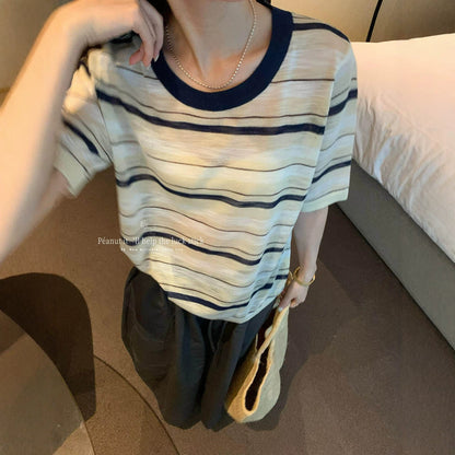 【L11350】夏季時髦復古條紋撞色休閒圓領短袖針織衫260728