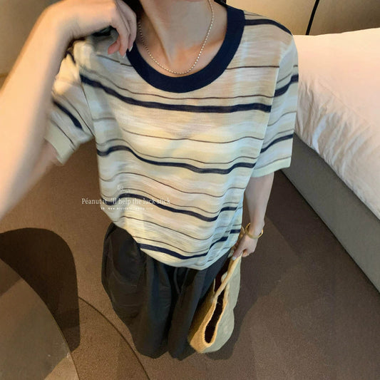 【L11350】夏季時髦復古條紋撞色休閒圓領短袖針織衫260728