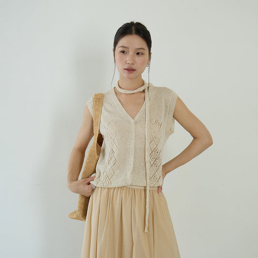 【LD11274】度假出遊必備！天絲亞麻V領綁帶/飄帶無袖針織馬甲/背心260505