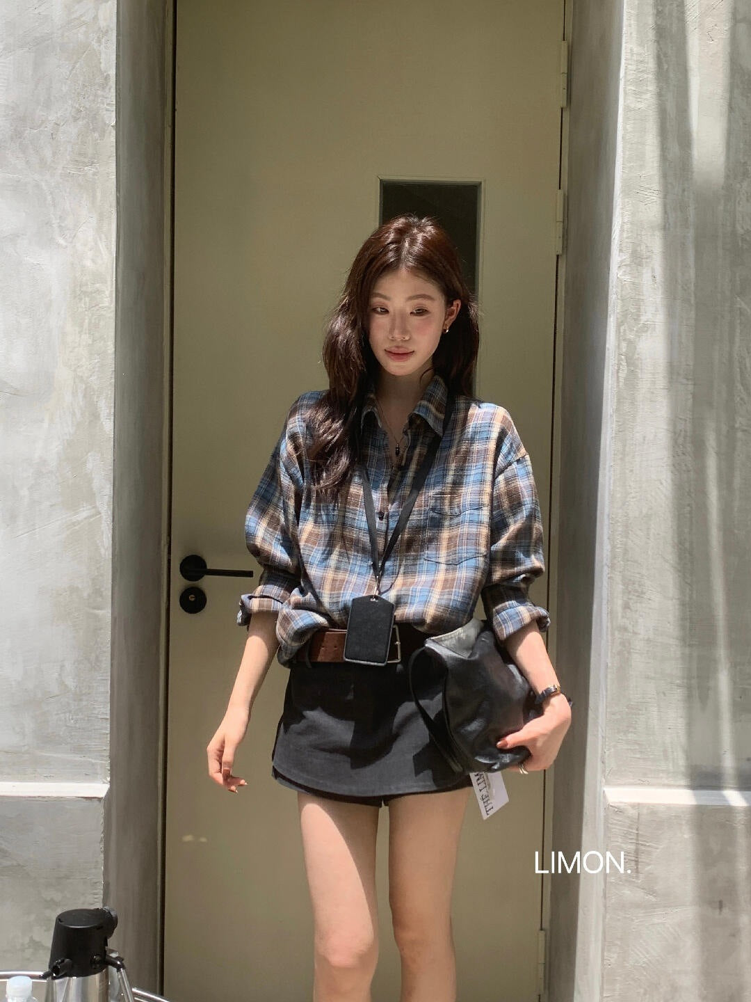 【L11087】檸檬早秋新款慵懶輕質感格紋寬鬆顯瘦長袖襯衫260728