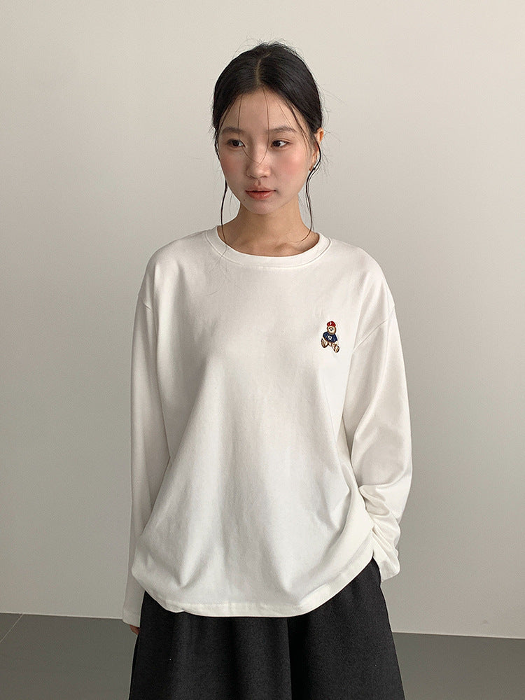 【LD11025】實拍舒適小熊刺繡寬鬆長袖T恤251124