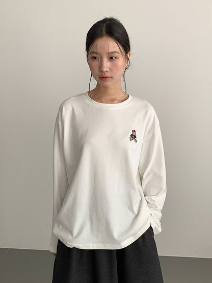 【LD11025】實拍舒適小熊刺繡寬鬆長袖T恤251124