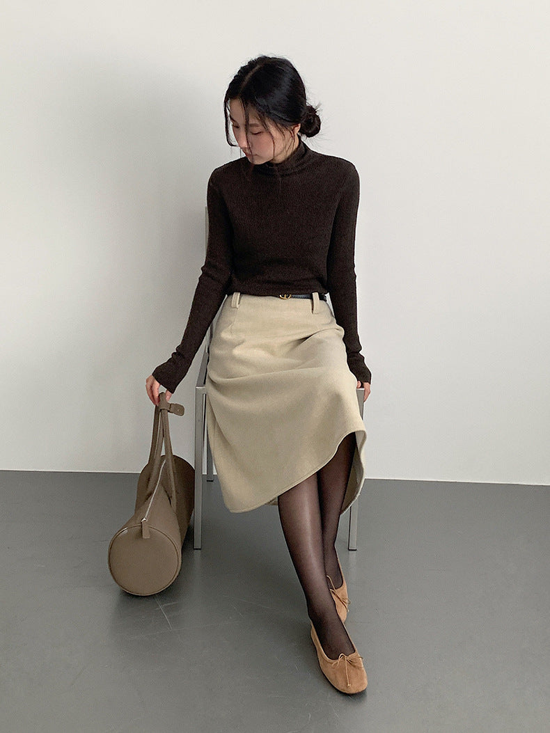 【LD11070】實拍氣質毛呢A字傘裙＋腰帶251209