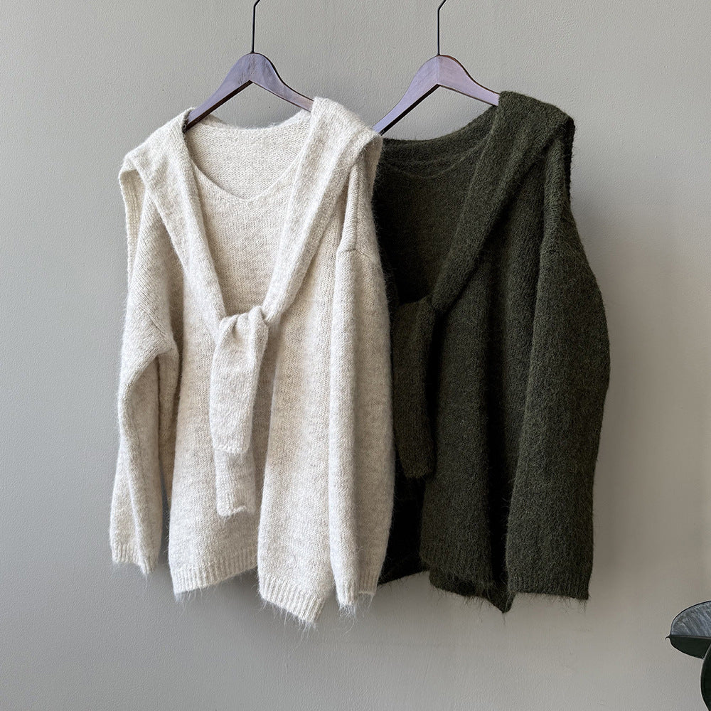 【Y25805】 實拍溫柔軟糯V領毛衣+針織披肩(含羊毛3％）251023