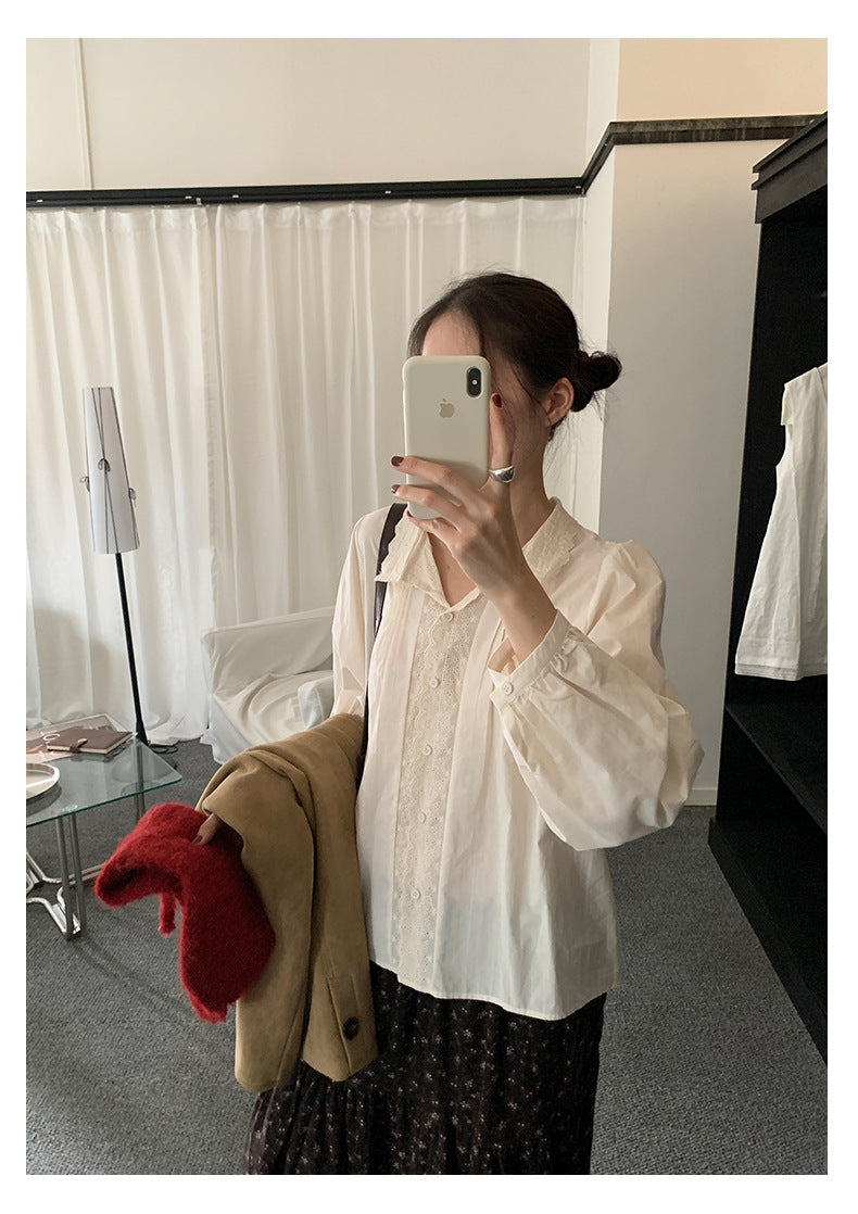 【H5488】實拍法式温柔蕾絲長袖襯衫251109