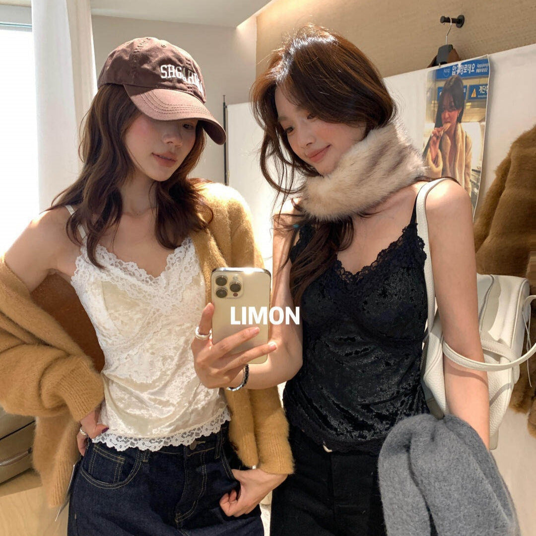 【LDTM1990】檸檬家蕾絲拼接絲絨細肩帶背心(含胸墊）261020
