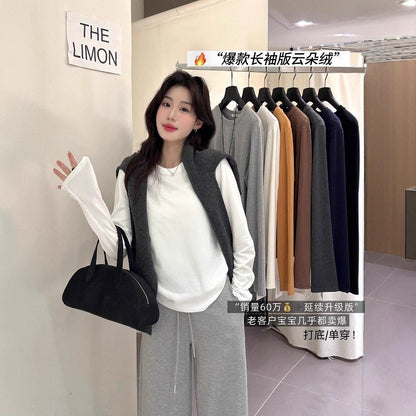 【L9257】實拍檸檬長袖雲朵絨舒適簡約圓領長袖T恤251117