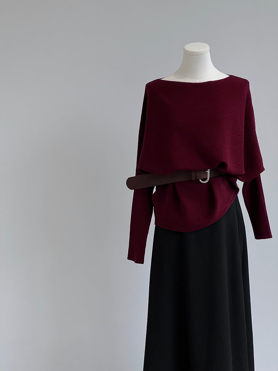 【cim9033】實拍韓系高級感長袖斜肩針織衫＋腰帶251030