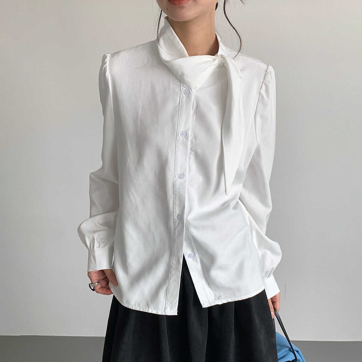 【LD3194】實拍秋冬個性立領飄帶襯衫251110