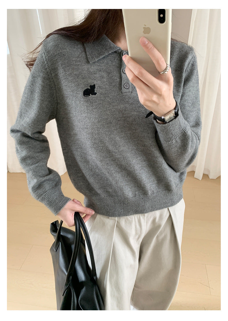 【H564】實拍貓咪刺繡Polo針織衫251021