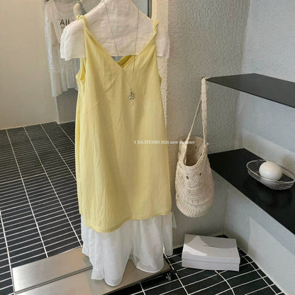 【L7003】Y.JIA韓系簡約休閒風✨百搭寬鬆顯瘦假兩件V領無袖連身洋裝260602
