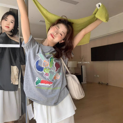 【L10335】學院風清新氧氣感🥦超可愛蔬菜印花寬鬆正肩圓領短袖T恤260518
