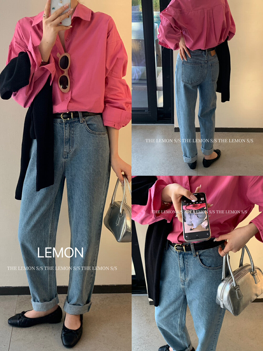 【LMM003】檸檬春夏簡約寬鬆高腰直筒藍色牛仔褲240223