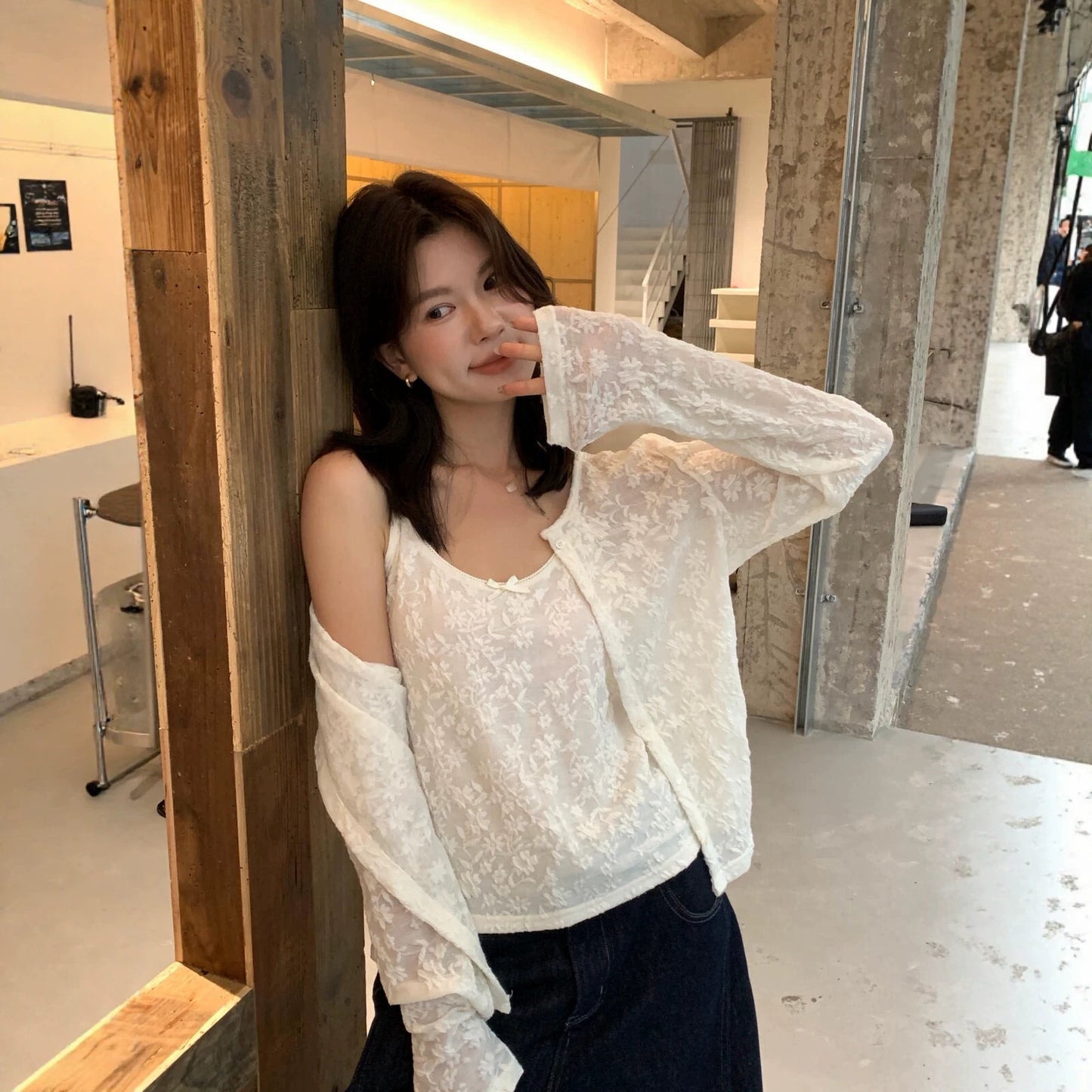 【L11007】檸檬檸檬早秋重工提花圓領長袖小外套+蕾絲細肩帶背心套裝260728