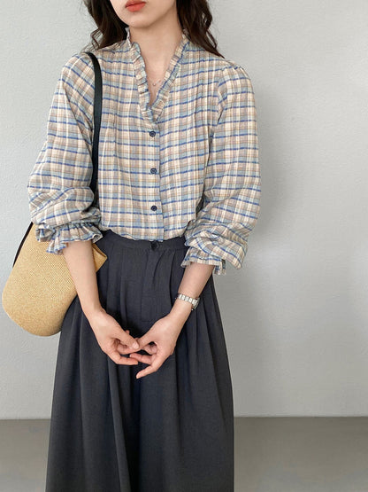 【cimz6509】復古浪漫主義🌹精緻木耳邊格紋長袖襯衫260319