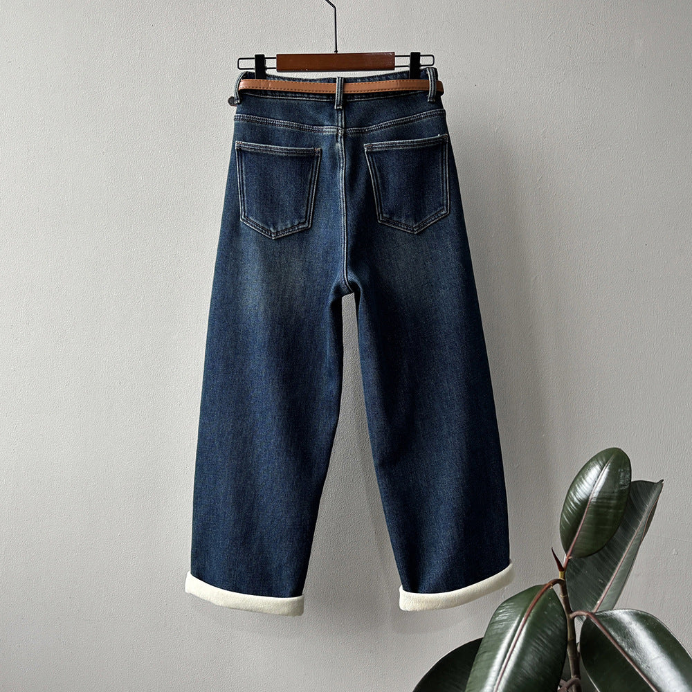 【Y98395】實拍S~XL復古加絨直筒牛仔褲含腰帶251106