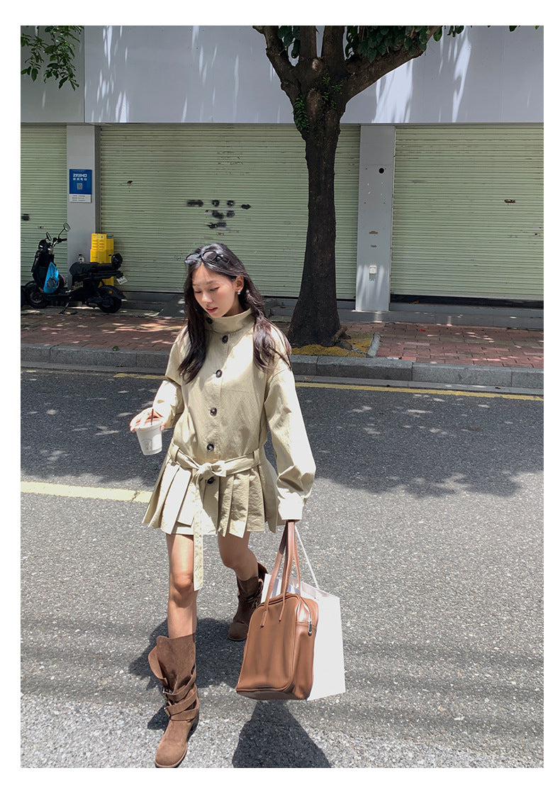 【H5400】實拍韓系慵懶卡其立領收腰風衣外套250902