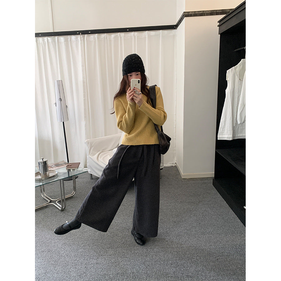 【H5491】實拍秋冬毛呢鬆緊腰加厚闊腿休閒褲251109