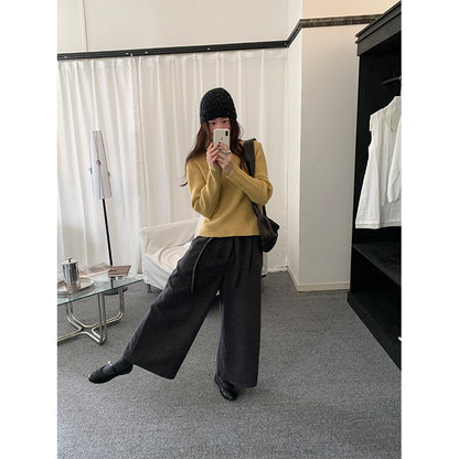 【H5491】實拍秋冬毛呢鬆緊腰加厚闊腿休閒褲251109