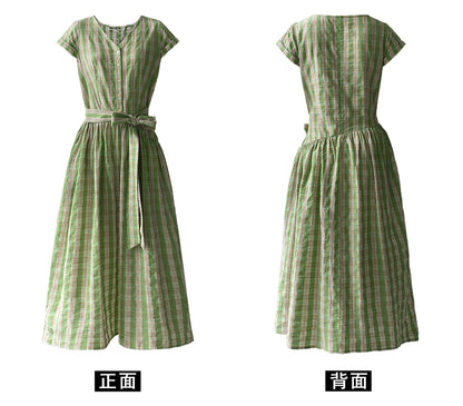 【cimz1962】夏日清爽蜜瓜奶綠🍈日系原創重工格紋綁帶連身長裙260625