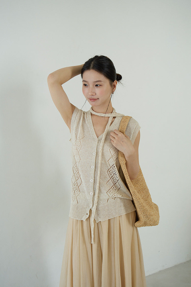 【LD11274】度假出遊必備！天絲亞麻V領綁帶/飄帶無袖針織馬甲/背心260505
