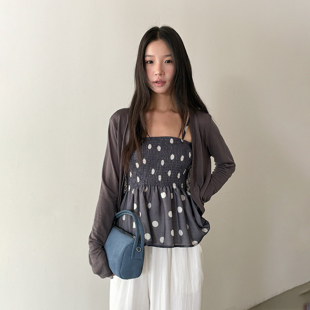 【LD11377】慵懶出遊懶人包🌴V領長袖小外套+細肩帶背心+休閒寬褲三件套260707