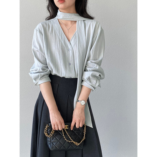 【cimz6399】實拍早春浪漫棉麻繫帶V領襯衫260122