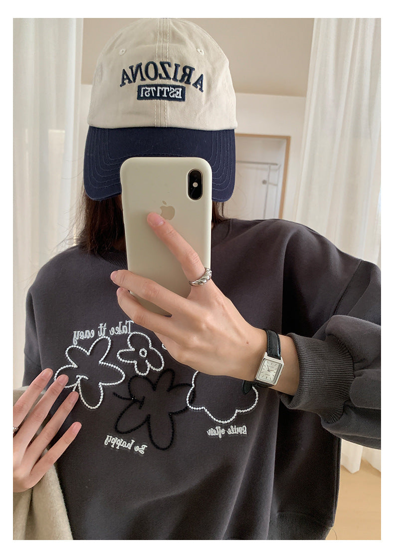 【H563】實拍秋冬刺繡花朵長袖衛衣251021