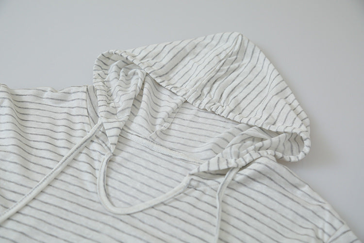 【LD11343】防曬透氣推薦！韓系小狗刺繡直條紋連帽寬鬆長袖防曬衫/薄外套260615