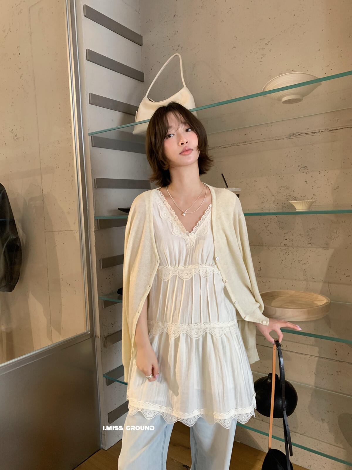 【LR70960】實拍imiss修身顯瘦！氣質蕾絲花邊V領棉麻洋裝260305