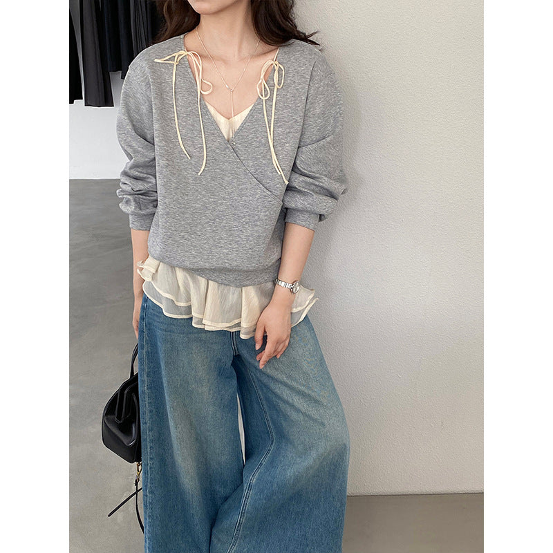 【cimz1793】芭蕾女伶風🩰層次疊穿假兩件綁帶雪紡t-shirt 260319