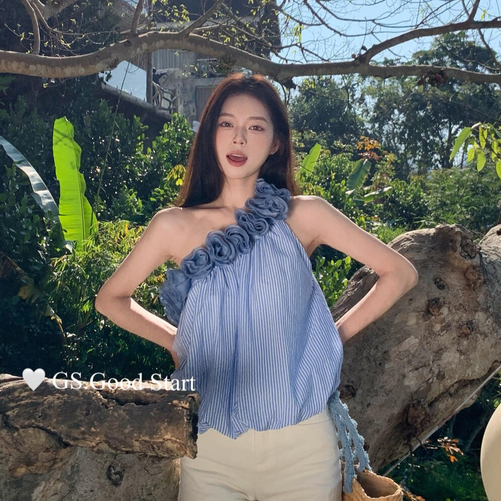 【LD0358W】法式溫柔仙女系🌸立體花朵條紋斜肩無袖上衣260323
