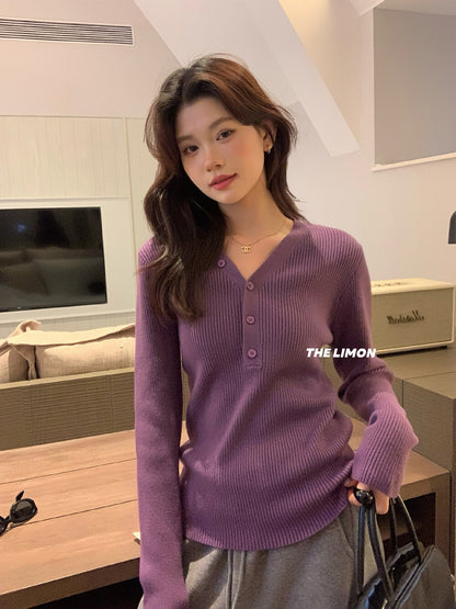 【L99909】檸檬秋冬超修身V領纽扣長袖針織衫251117